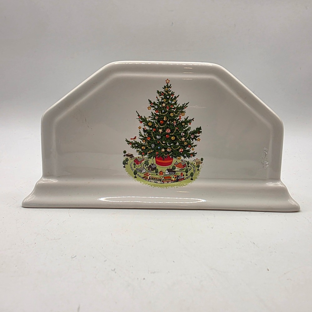 Vtg Pfaltzgraff CHRISTMAS HERITAGE Napkin Holder Tree Train Holiday Excellent